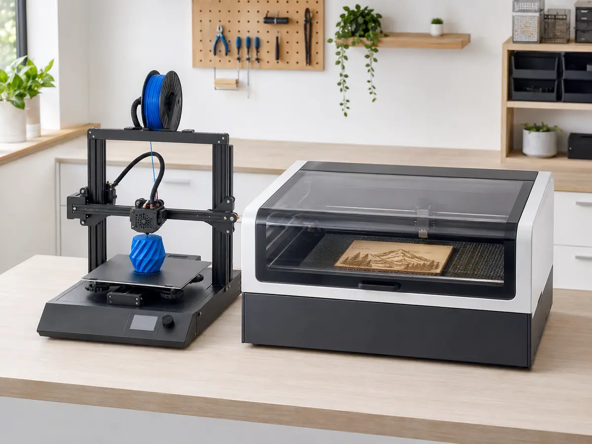Impressora 3D e máquina CNC criando peças para um projeto Maker X